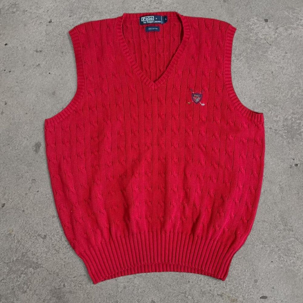 Vintage 1990’s Polo Ralph Lauren Sweater Vest Mens XL Cable Knit Golf Crest V Ne